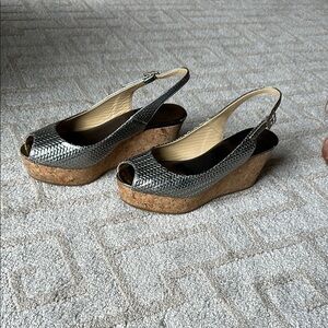 Jimmy Choo Silver Wedge Slingback Sandals